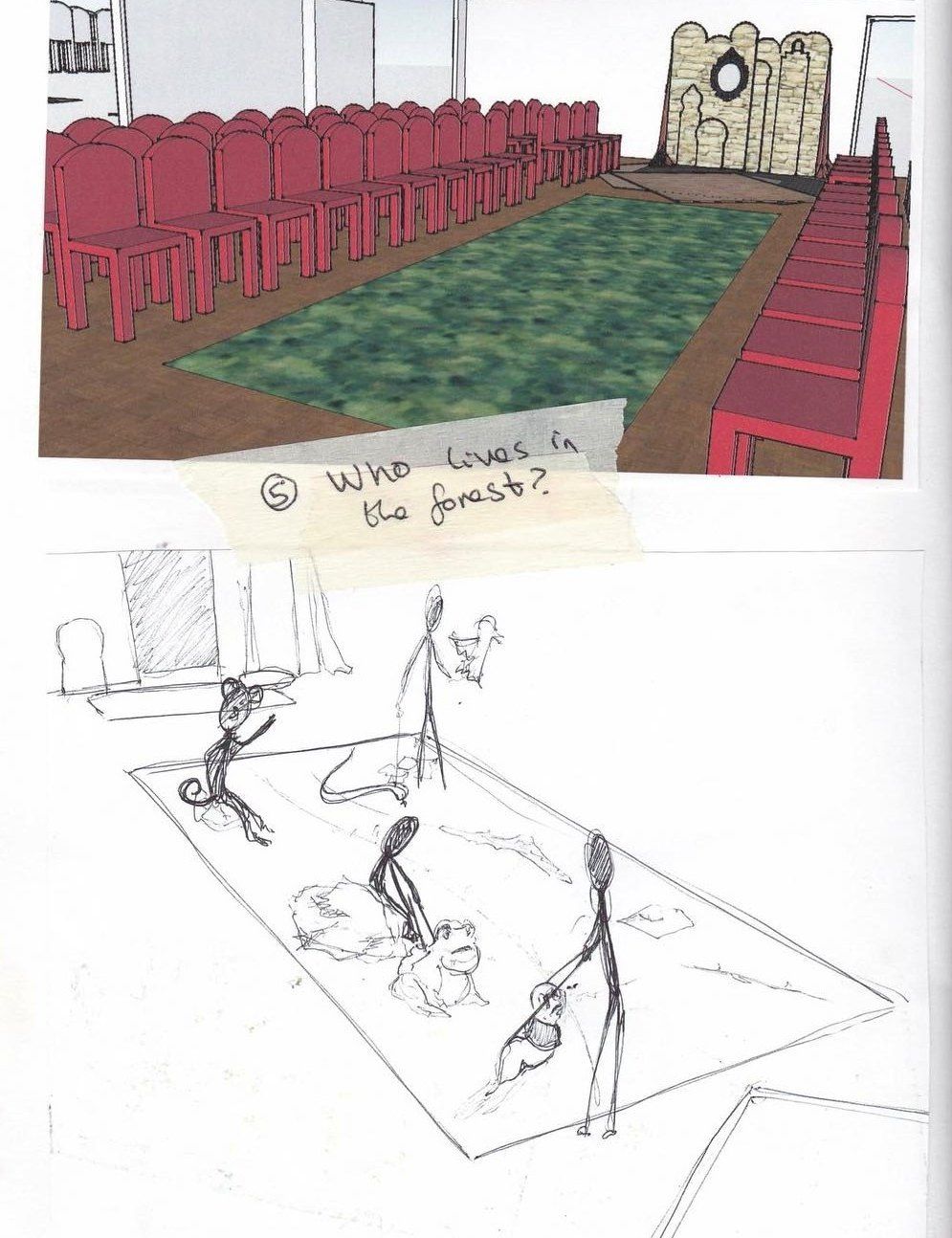 Scenic sketch of a hall and a forest floor plan, labelled who lives in the forest